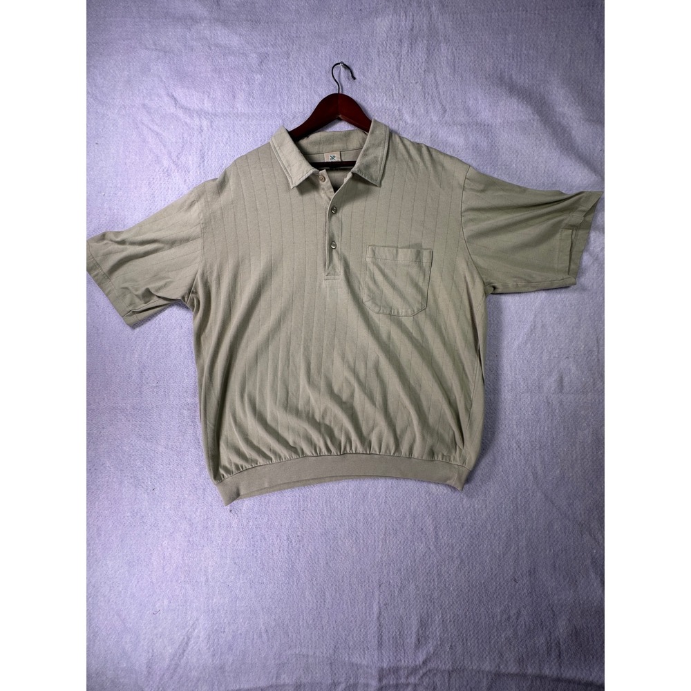 Haband Mens Sage Green Vertical Stripe Banded Hem Polo Shirt Chest Pocket XL